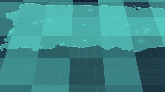 Futuristic Holographic Map of Puerto Rico &ndash; Digital Polygon Territory Visualization on 3D Grid, Communication 