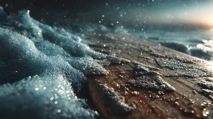 A wooden surfboard covered in seafoam and water droplets reflects the sunlight du a serene morning at the ocean, creating a peaceful and refreshing scene.