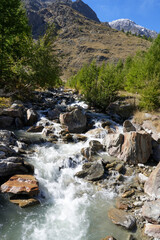 Flowing mountain stream cascades over rocky terrain, surrounded by lush greenery and towering peaks, creating a serene natural landscape with vibrant colors