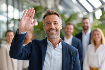 Smiling man in business attire waves to the camera in a modern office environment with colleagues in the background, showcasing teamwork and professional interaction