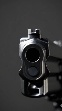 Gros plan d&rsquo;un pistolet en m&eacute;tal point&eacute; vers l&rsquo;objectif