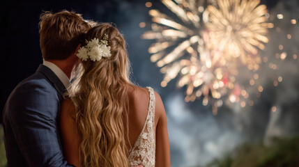 Couple embracing under a night sky, watching vibrant fireworks explode in colorful patterns, celebrating love and joy during a romantic outdoor event with a festive atmosphere