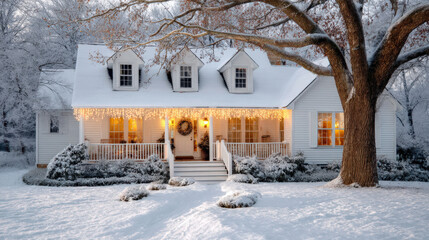 Cozy winter home adorned with festive lights, surrounded by snow-covered landscape, showcasing a warm inviting atmosphere and holiday spirit in a serene residential setting