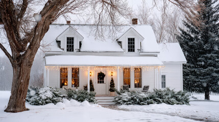 Snow-covered house adorned with holiday lights, surrounded by winter landscape, showcasing cozy atmosphere and inviting charm during a serene snowfall