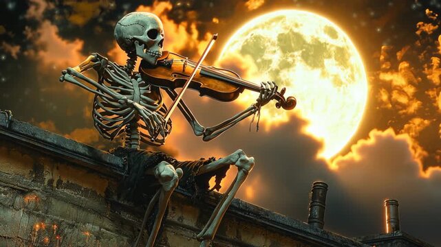 Halloween Eerie Music of Skeleton Playing Violin Under Full Moon in Nights Hauntingly Beautiful Scene