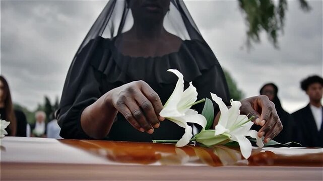 Femme en deuil d&eacute;posant des fleurs sur un cercueil lors d&rsquo;un enterrement