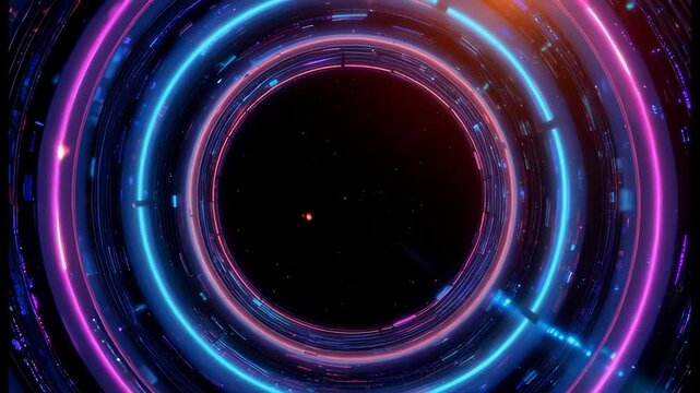 Digital &ndash; A vibrant, futuristic circular tunnel filled with glowing neon rings and digital pattern