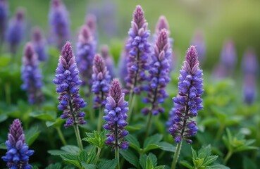 Obraz premium Purple Nepeta transcaucasica wild flowers bloom in green field. Delicate flower spikes grow in garden, soft focus background. Spring blossoms attract bees and insects in nature.
