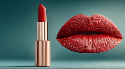Obraz premium Red lipstick and matching sensuous lips, in red, rose gold, and teal, representing beauty, makeup, and confidence.
