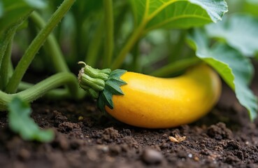 Yellow courgette growing on plant in garden soil. Ripe zucchini vegetable on the ground with green leaves and stems nearby. Fresh summer squash in agricultural field.