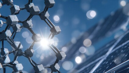Abstract illustration of a complex molecular structure with light flares and a blue background