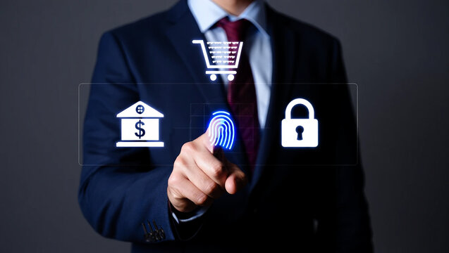 Businessman touches glowing fingerprint scanner for digital security suit - Powered by Adobe