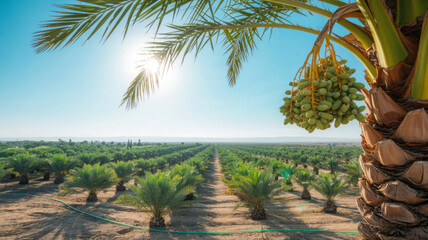Sunlit date palm tree with cluster of ripe dates overlooking a lush orchard landscape