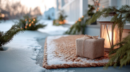 Winter scene featuring a small gift wrapped in burlap placed on a textured mat, surrounded by snow and soft glowing lights, creating a cozy holiday atmosphere
