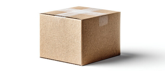 Brown cardboard box with clear tape on top, positioned on a white surface, showcasing packaging design and storage solutions for shipping and delivery purposes