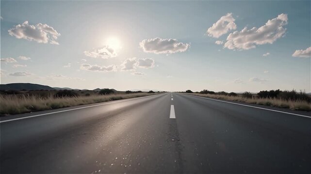 Route d&eacute;serte sous un ciel bleu ensoleill&eacute; au coucher du soleil