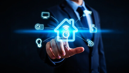 Person interacting with smart home technology interface control
