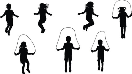 Obraz premium Jump rope silhouette, children activity, playful motion, energetic kids, fitness exercise, black figures, coordination, childhood fun, rope movement, outdoor play, white background