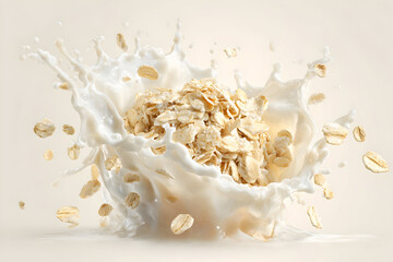 Dynamic splash of milk with falling oat flakes for breakfast concept