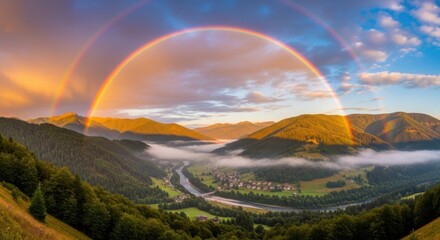 Double rainbow over a valley in the mountains at sunset