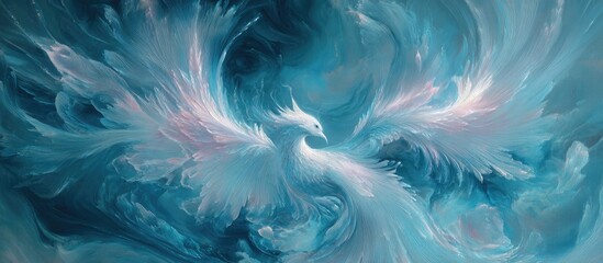 A stylized phoenix, rendered in swirling teal and pale blue hues, appears to be composed of smoke or clouds, its wings spread wide in a dynamic pose