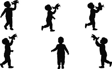Child silhouette playing with toy airplane, running and walking poses, childhood imagination, black vector illustration, aviation dream, creative movement concept