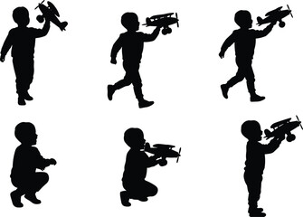 Child silhouette playing with toy airplane, outdoor activity, childhood imagination, aviation dream, running squatting walking poses, black vector illustration for stock