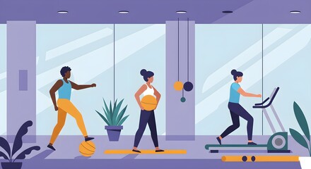 Fototapeta premium Vector Illustration of People Exercising in a Modern Fitness Studio, Indoor Wellness and Healthy Lifestyle Concept