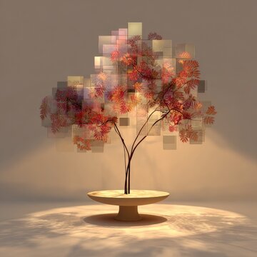 A stylized tree with autumnal foliage, rendered in a pixelized style, sits in a minimalist, low bowl, illuminated by soft light, casting subtle shadows on a neutral background