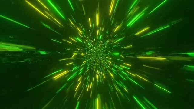 Seamlessly looping video of a dazzling abstract tunnel formed by constantly moving and expanding green and yellow geometric light lines expanding, constantlymovingexpanding, geometric