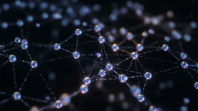Seamlessly looping video of a dynamic network of small glowing orbs swiftly connecting and re-arranging in abstract patterns dynamic network small glowing orbs, information flow, loopable