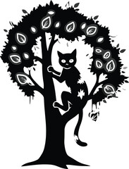 Silhouette cat climbing stylized tree with white-centered leaves, cartoon animal illustration, minimal design, artistic nature concept, white background