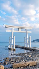 White Torii Gate on a Coastal Shore