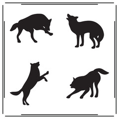 Silhouette of Wolves: Running, Walking, and Sitting - Set of Black Wolf Illustrations on White Background