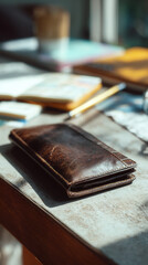 Leather wallet resting on desk with journal and pencil in soft morning light, stylish personal finance accessory for business and everyday life