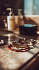 Elegant bangles sparkle in the sunlight, catching the light with their golden, red, and silver tones, perfect for fashion, style, and design projects