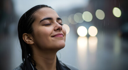 Woman Smiling with Eyes Closed Enjoying Rain in the City Street
