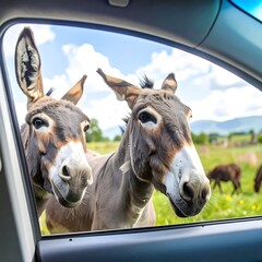 Two Donkeys Looking Out Car