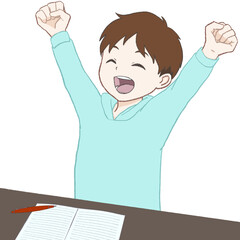 勉強を終えてバンザイで喜ぶ男の子