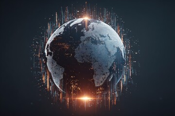 A futuristic illustration of planet Earth, encircled by digital data streams, glows intensely