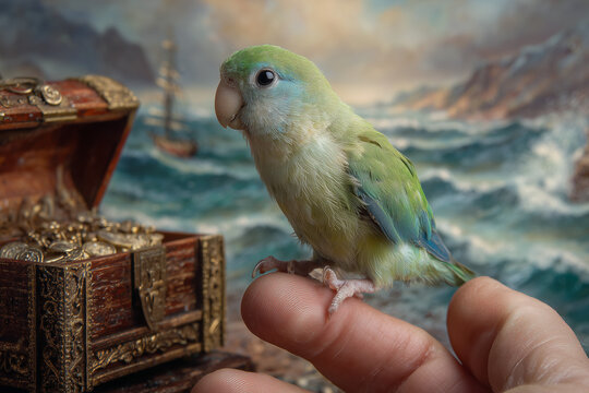 
"A parrotlet perched on a pirate&rsquo;s finger, treasure chest and stormy seas in the backdrop 