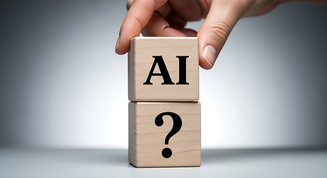 Hand stacking wooden blocks with ai and question mark, symbolizing artificial intelligence and uncertainty