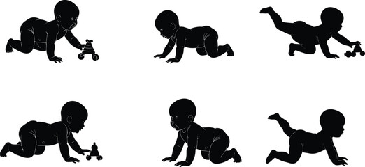 Baby, crawling, silhouette, motion, development, infant, toy, play, growth, movement, child, pose, interaction, milestone, vector, toddler, reaching, activity, learning, exploration