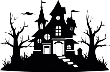 Haunted House with Broken Windows Surrounded by Trees