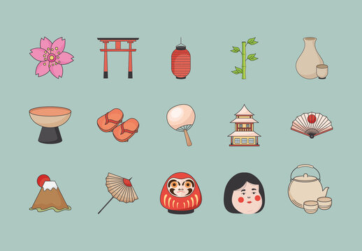 Colorful Japanese Culture Traditional Illustrations Set