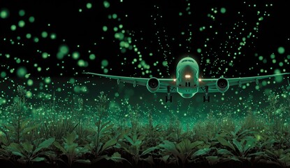 A nighttime view of an airplane flying low above illuminated fields, surrounded by green light