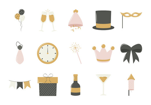 Gold And Black New Year Celebration Party Icons Set