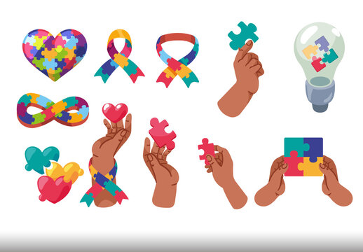 Colorful Autism Campaign Puzzle Pieces TEA Illustrations Set