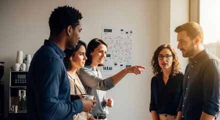 Diverse team of professional colleagues collaborating on a new business strategy during a standing meeting in a bright modern office