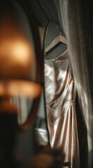 Elegant silk dress waiting for the special day, reflecting in a vintage mirror, a timeless scene of bridal beauty and anticipation, promises of love